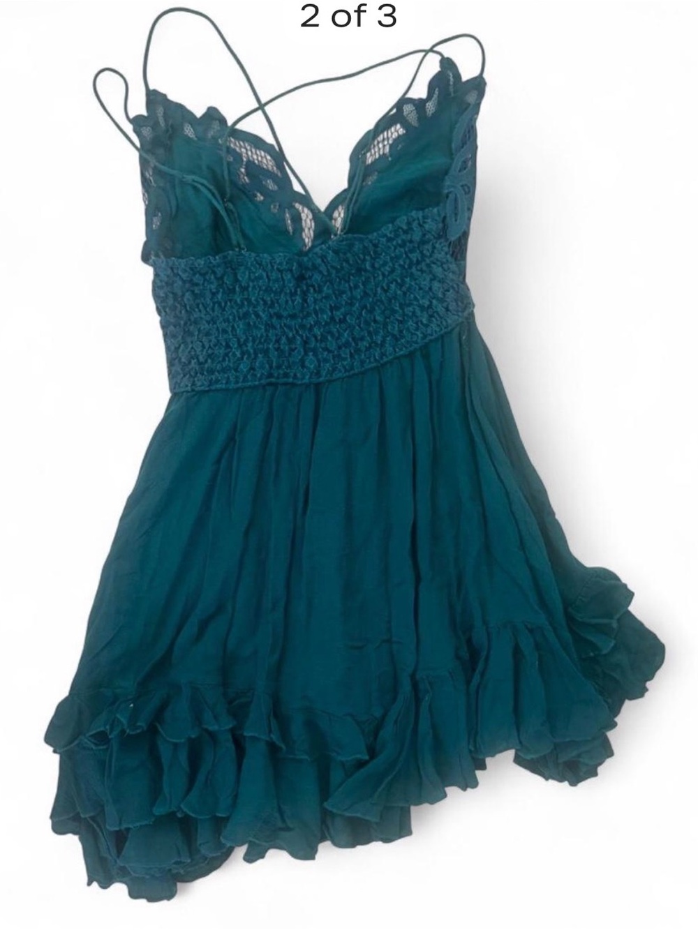 Free People Teal Lace-Trim Smocked Bust Ruffled Cami Dress
